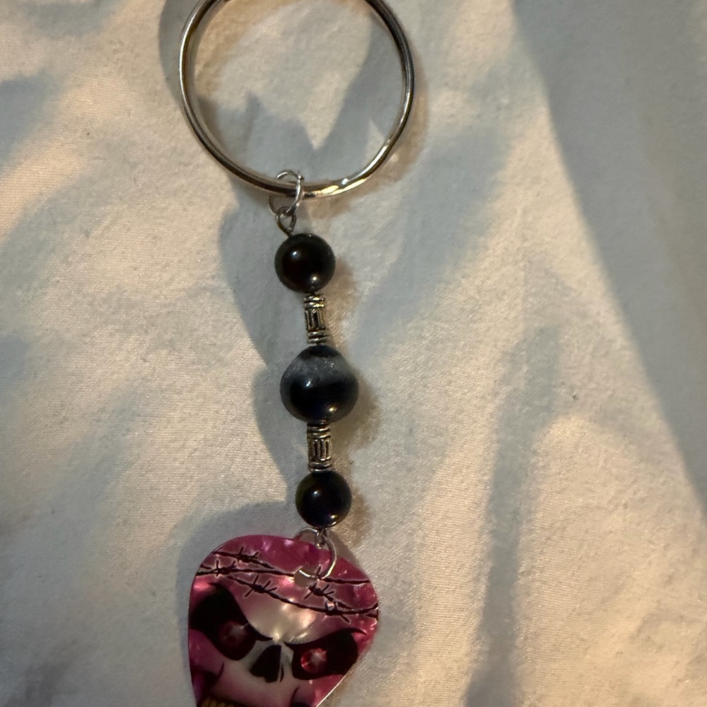 Edgy Pink guitar pick Skull Keychain with Beads